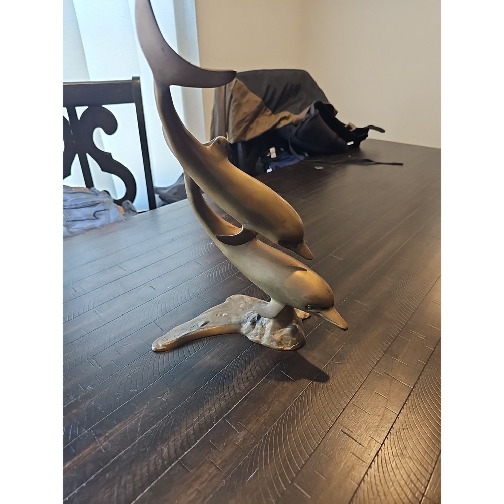 Decor Vtg Brass Swimming Dolphins Sculpture Nautical 15‎ Tall 1 Wide 9 Deep